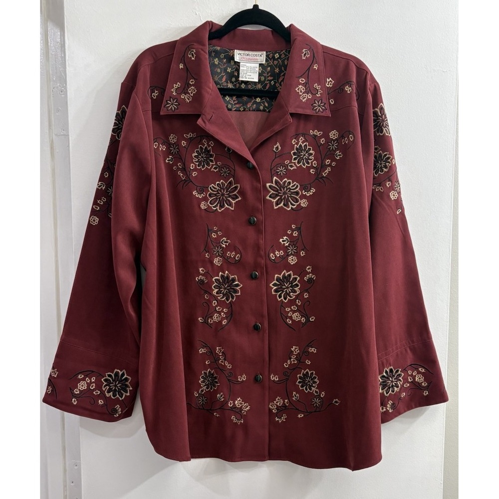 VTG 90s Victor Costa Womens 2X Burgundy Embroidered Shirt Velvet Western Floral